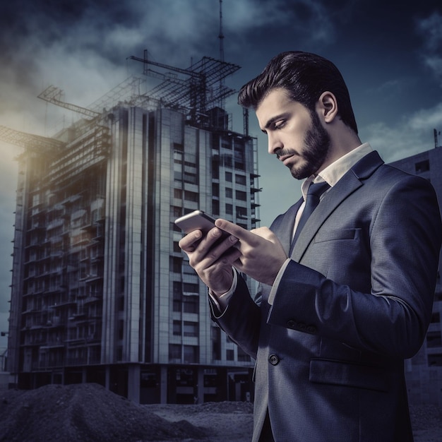 A man in a suit is looking at his phone and the sky is behind him.