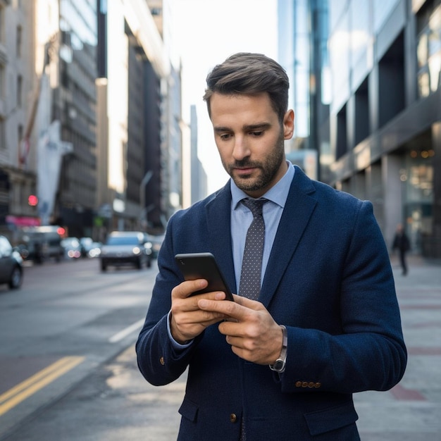 スーツを着た男性が携帯電話を見ている