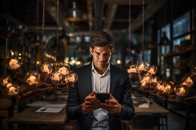 A man in a suit is looking at a phone in front of a lightbulb.