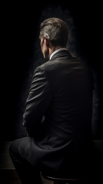 양복을 입은 남자가 "남자가 보고 있다"라는 포스터를 보고 있다.