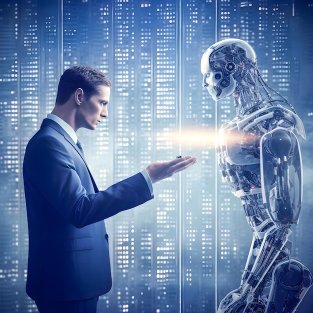 A man in a suit is looking at a robot with the word robot on the screen