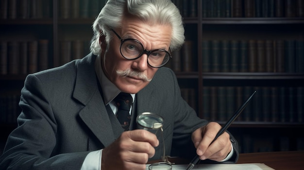 A man in a suit is looking at a test tube with a pen in his hand.