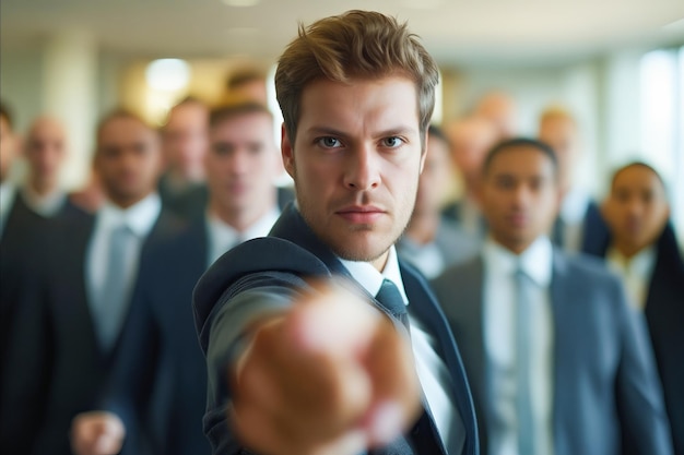 Photo a man in a suit is pointing at something