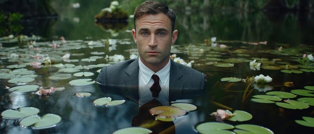 A man in a suit is in a pond with lily pads on it.