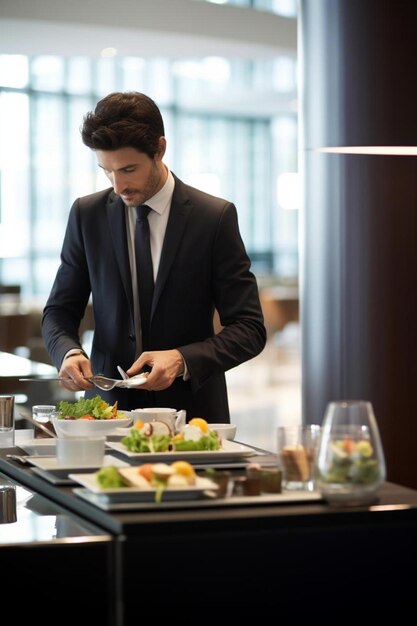 Photo a man in a suit is preparing food in a restaurant