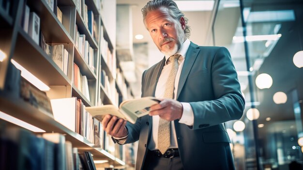 A man in a suit is reading a book in a library