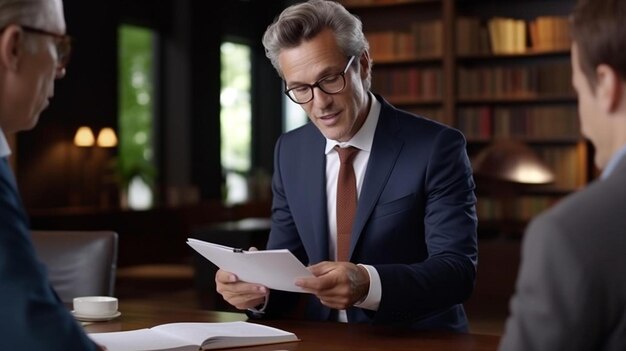 a man in a suit is reading a book with a book in his hand