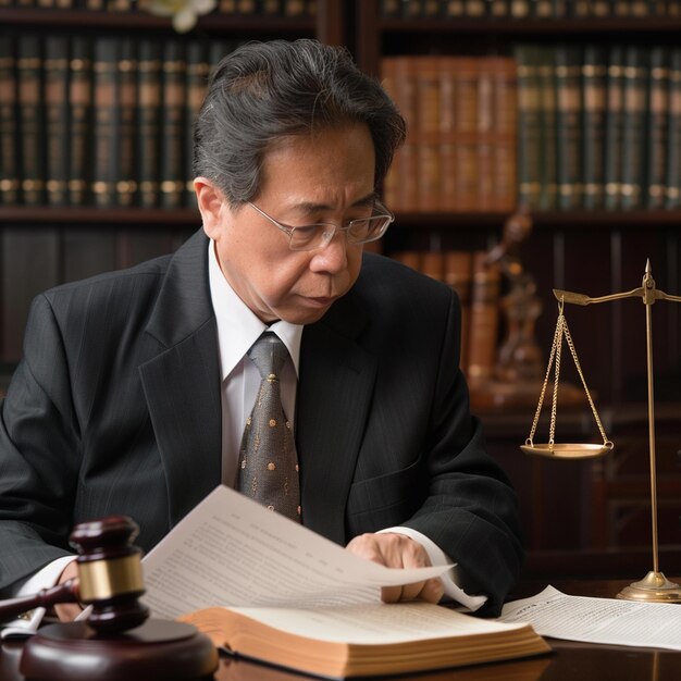 Photo man in a suit is reading a book with a scale on it