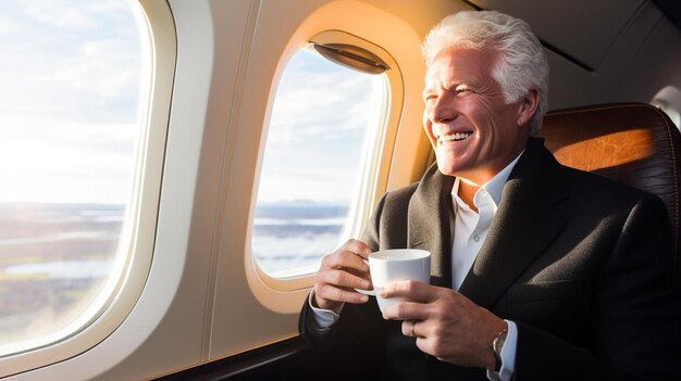 Photo a man in a suit is sitting on an airplane and drinking a cup of coffee