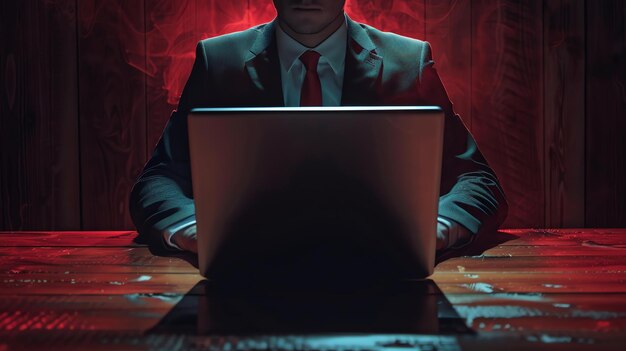 A man in a suit is sitting at a desk in a dark room He is looking at his laptop screen and his face is illuminated by the light from the screen