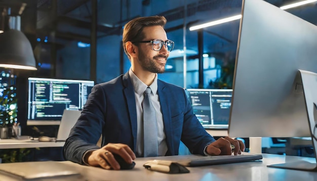 A man in a suit is sitting at a desk with a computer monitor in front of him He is smiling and he is enjoying his work