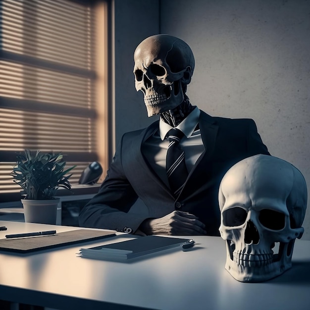 Photo a man in a suit is sitting at a desk with a skull on it.