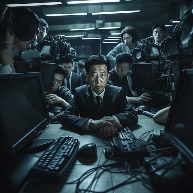 スーツを着た男性がコンピューターの前に座っており、背景には人々がいます。
