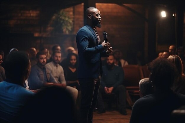 a man in a suit is speaking into a microphone