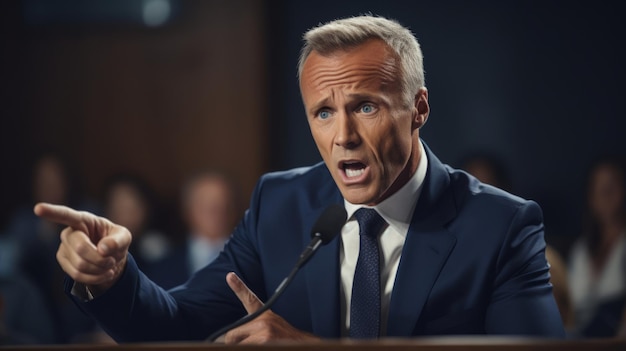 Photo a man in a suit is speaking into a microphone