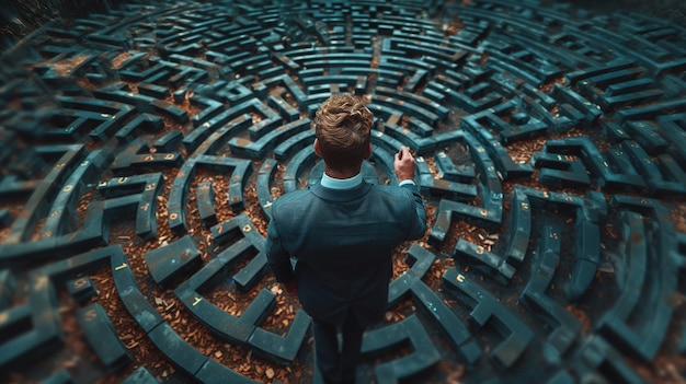 Photo a man in a suit is standing in front of a maze