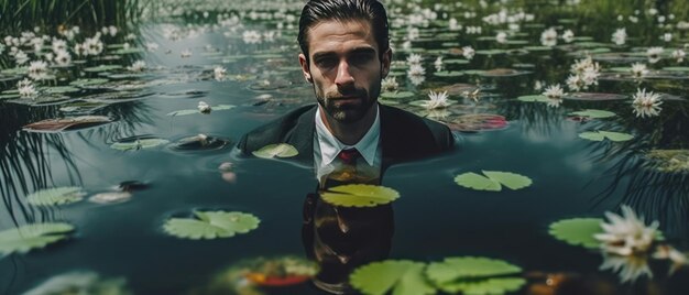 A man in a suit is submerged in a pond with lily pads and a white shirt.