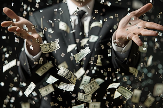 A man in a suit is surrounded by money