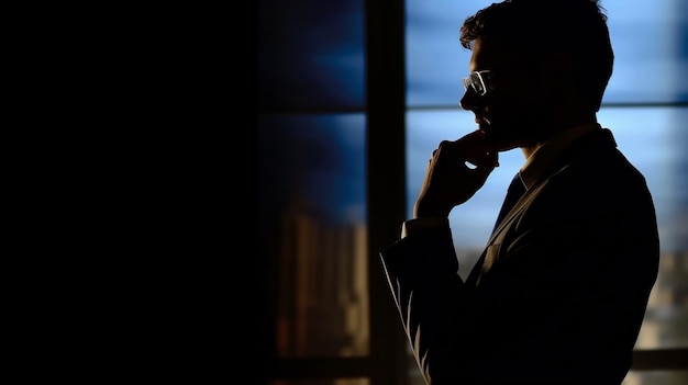 a man in a suit is talking on a phone and the window behind him is looking out.