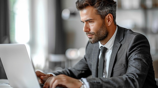 a man in a suit is using a computer with a beard