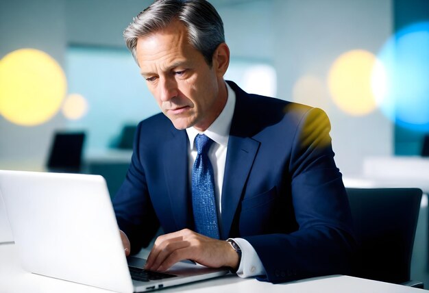 Photo a man in a suit is using a laptop with a blue tie