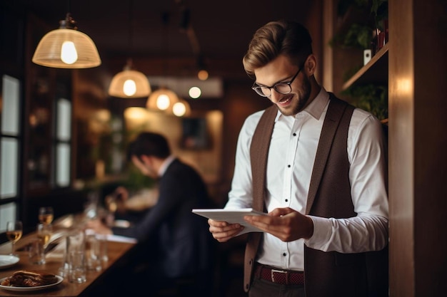 Photo a man in a suit is using a tablet in a bar.