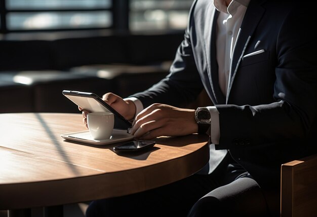 a man in a suit is using a tablet and drinking coffee