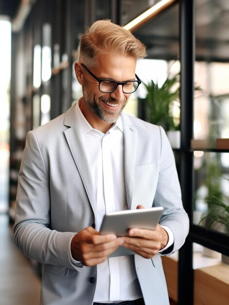 a man in a suit is using a tablet with a man wearing glasses