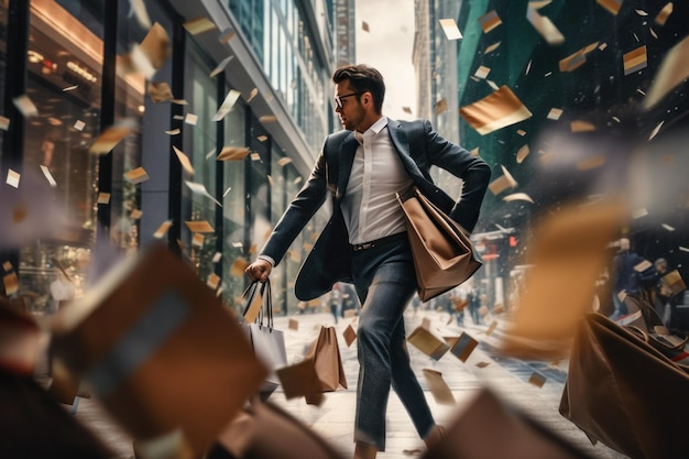 Photo a man in a suit is walking down the street generative ai image