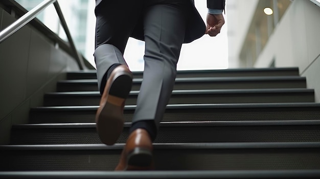 A man in a suit is walking up some stairs