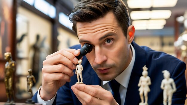 Photo man in suit look thru loupe on statuettes closeup