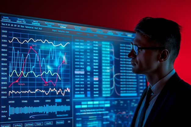 The man in suit looking on a blue screen with some data