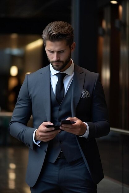 a man in a suit looking at his cell phone