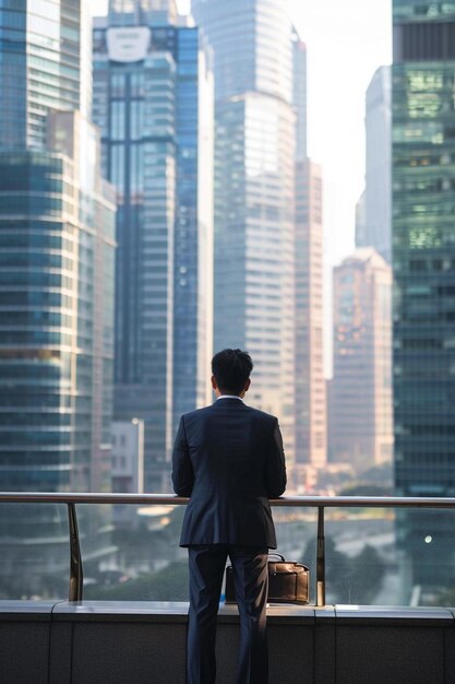 a man in a suit looking out over a city