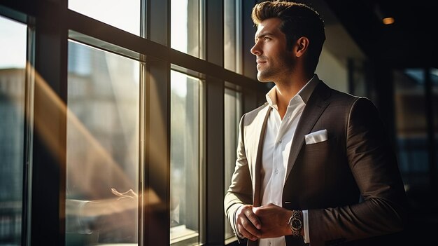 A man in a suit looking out the window