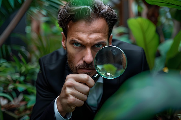 Foto un uomo in abito che guarda attraverso una lente d'ingrandimento