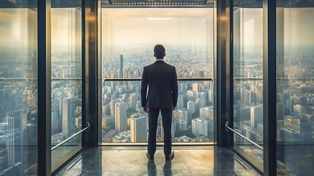 A man in a suit looks at the city through glass walls Generative AI