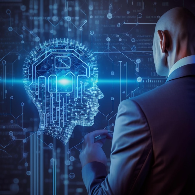 A man in a suit looks at a computer screen with a brain and a brain with the word data on it.