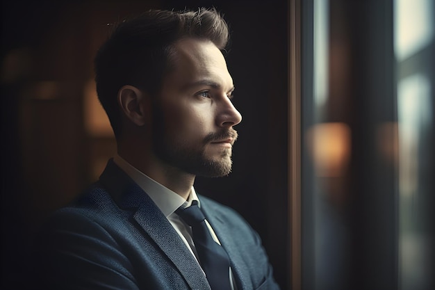 A man in a suit looks out a window.