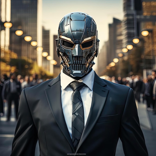 Man in a suit and mask on the street in cybernetic style with dark silver and gold tones