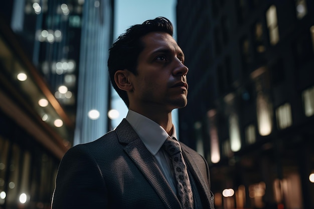 Man in suit in melancholic city Abstract career challenge in city jungle concept Generative AI