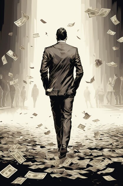 man in suit under money