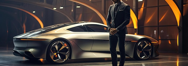 A man in a suit near a classic sports car in the style of futuristic scifi aesthetic