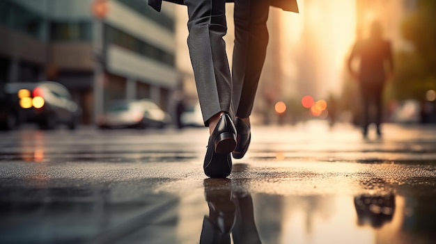 A man in a suit and a pair of shoes walking along an asphalt road Generative Ai