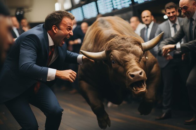 Photo man in suit petting bull