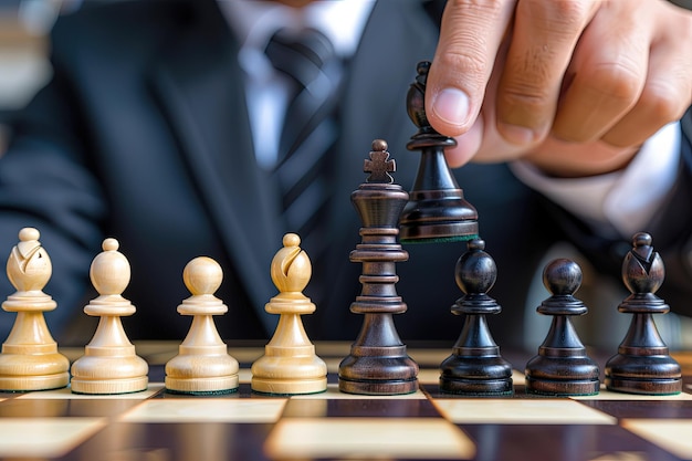 A man in a suit playing a game of chess