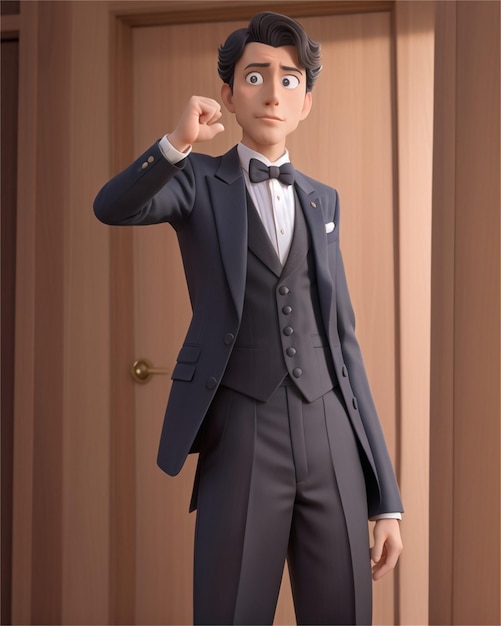 a man in a suit pointing his finger up