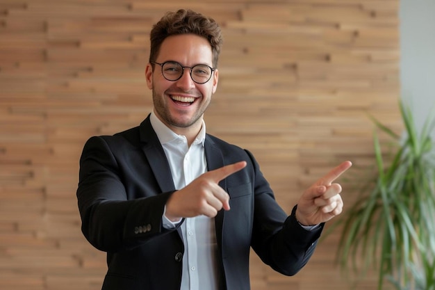 Photo a man in a suit pointing at something