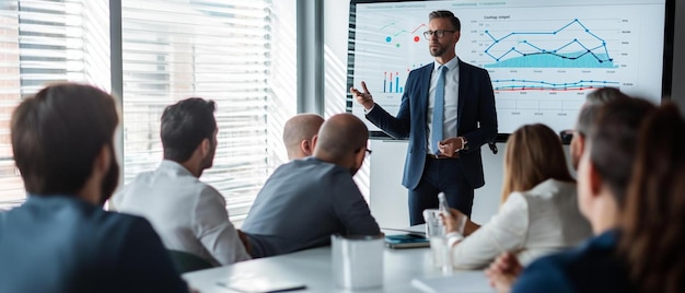 Photo a man in a suit points to a presentation on a board with the words graph on it