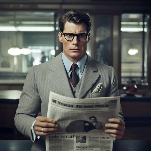 A man in a suit reads the word " one mom " on the newspaper.